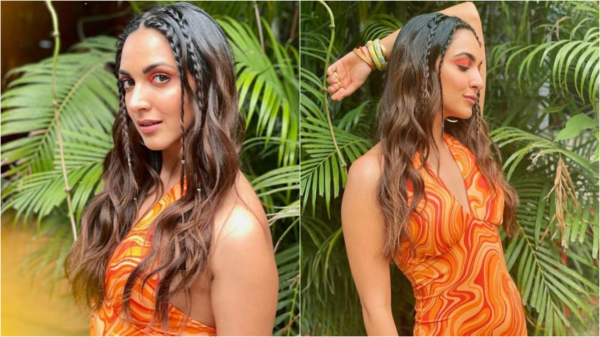 kiara advani orange halter neck backless dress with multi braid perfect for summer look