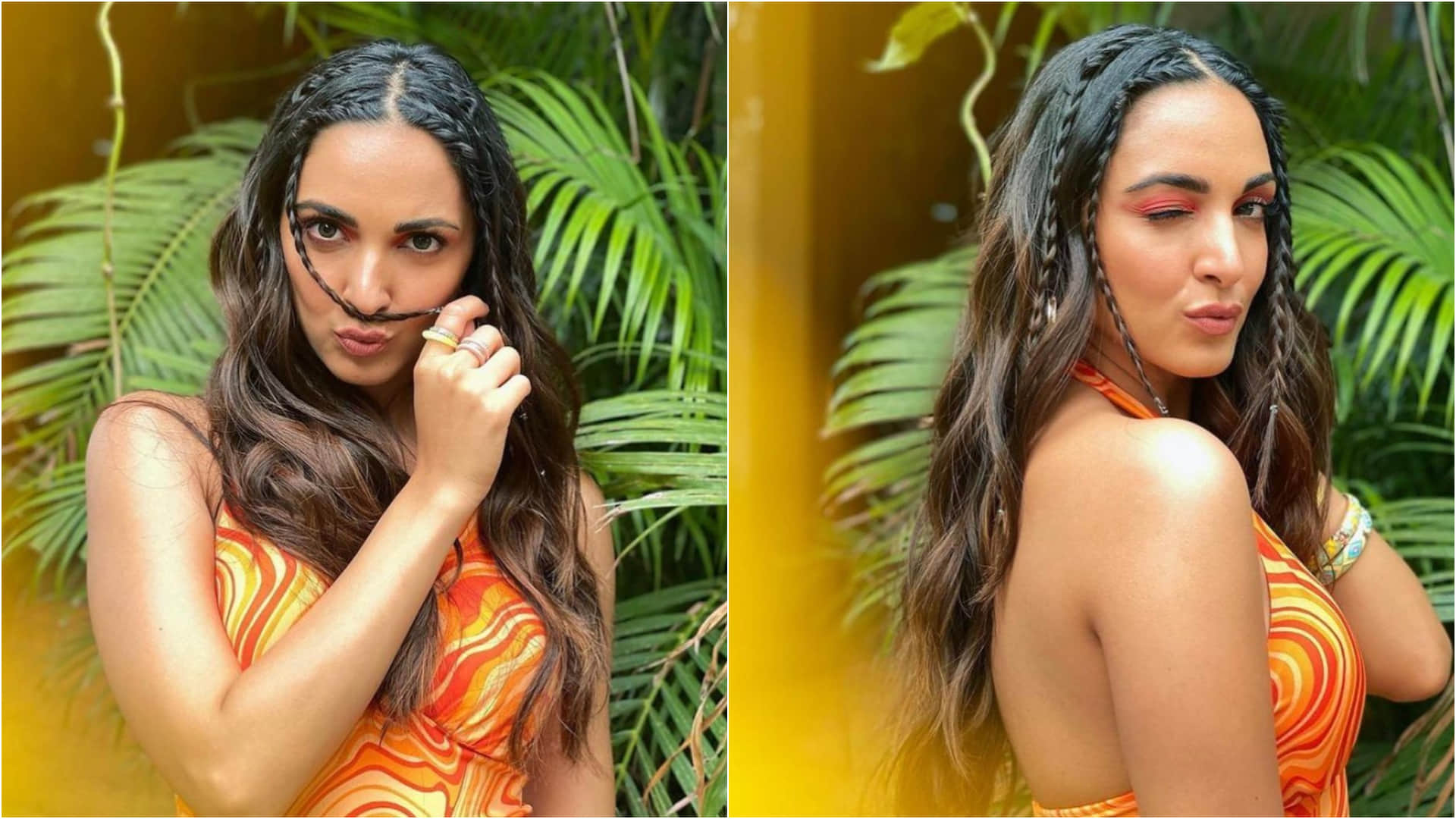 kiara advani orange halter neck backless dress with multi braid perfect for summer look