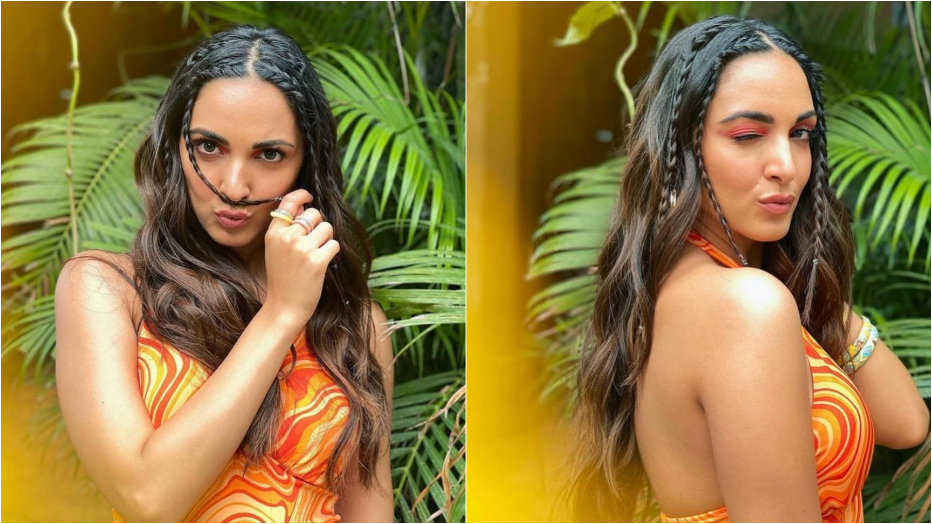 kiara advani orange halter neck backless dress with multi braid perfect for summer look
