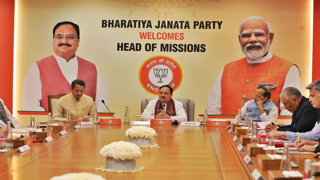 BJP President JP Nadda Interacted with 14 heads of missions at the party Headquarters in Delhi Under the 'Know BJP' initiative
