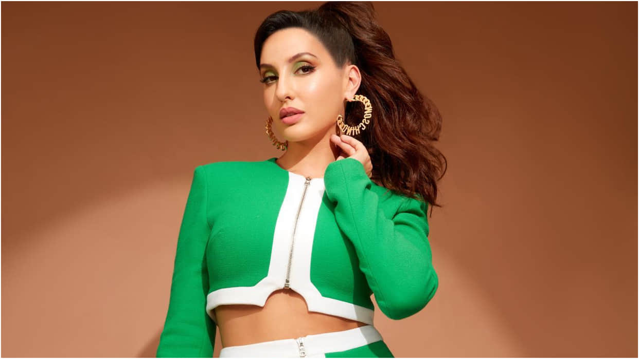 nora fatehi in see through leggings super hot look with bangs haircut