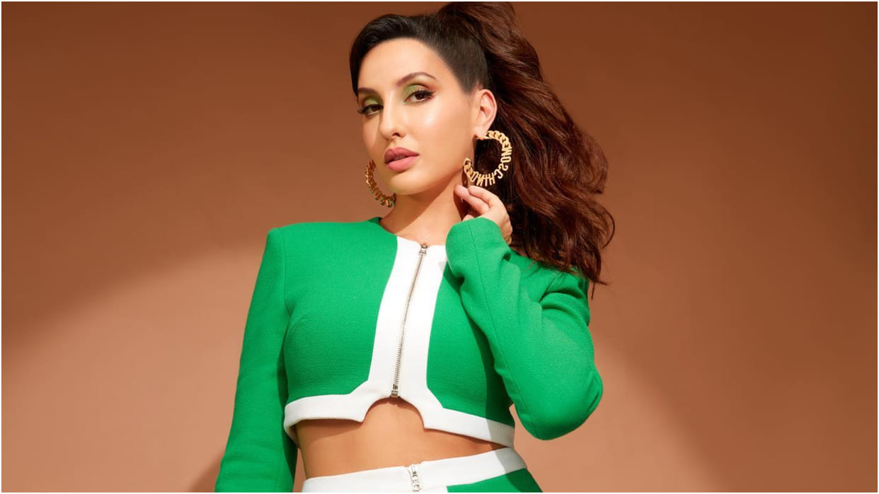 nora fatehi in see through leggings super hot look with bangs haircut