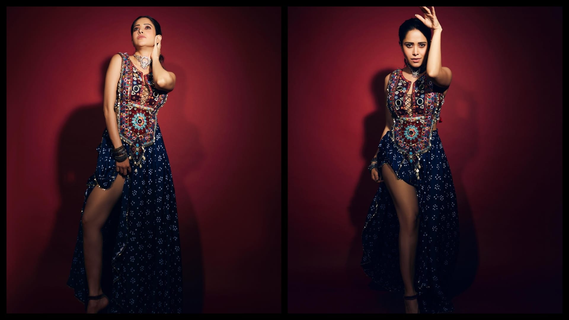 nushrat bharucha backless blouse with printed lehenga looks elegant