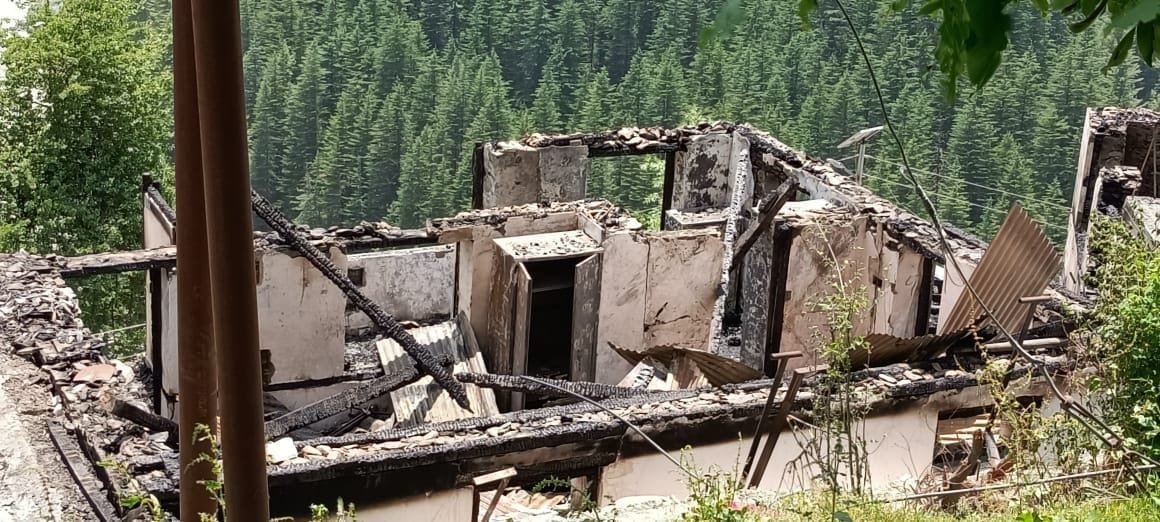 Chamba. Panchayat Ghar and five houses in remote Purthi village of Pangi Assembly Constituency