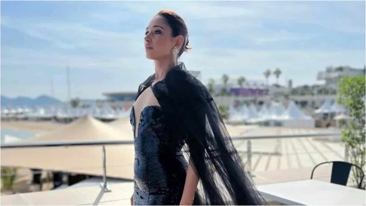 tamannah bhatia day 2 cannes film festival red carpet look in black shimmery gown users say outdated
