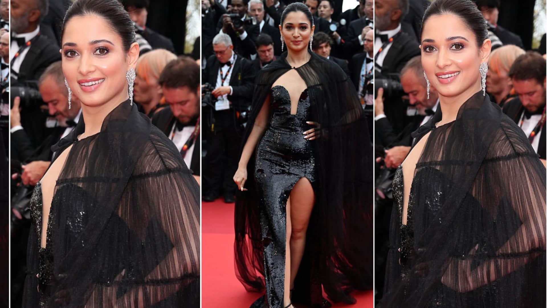tamannah bhatia day 2 cannes film festival red carpet look in black shimmery gown users say outdated
