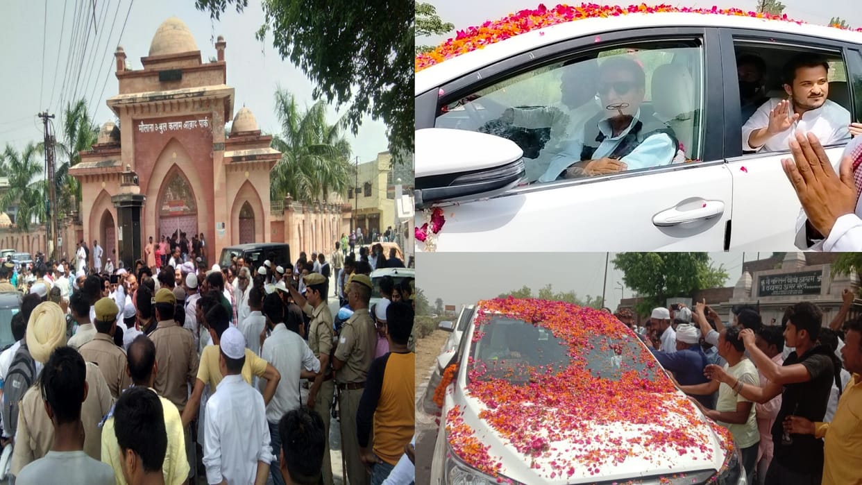 Azam khan walks out of jail reach Rampur gets grand welcome shivpal yadav and azam both son reach Sitapur jail to receive him