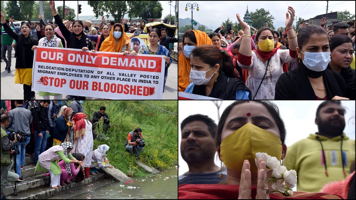 Rahul Bhatt 10th Day Kashmiri Pandits protest continues in kashmir organize rally pay tribute to Rahul by immersing flowers in Jhelum river