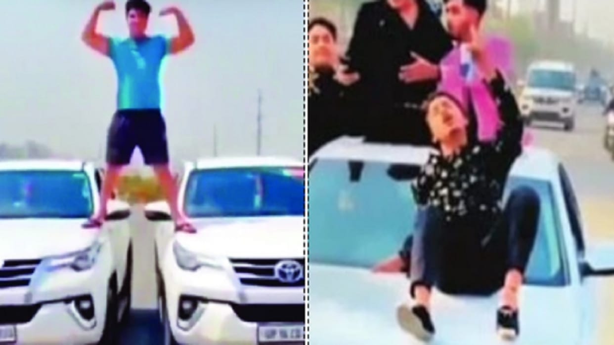 Dangerous stunts done by riding on two Fortuner cars, another stunt on Audi
