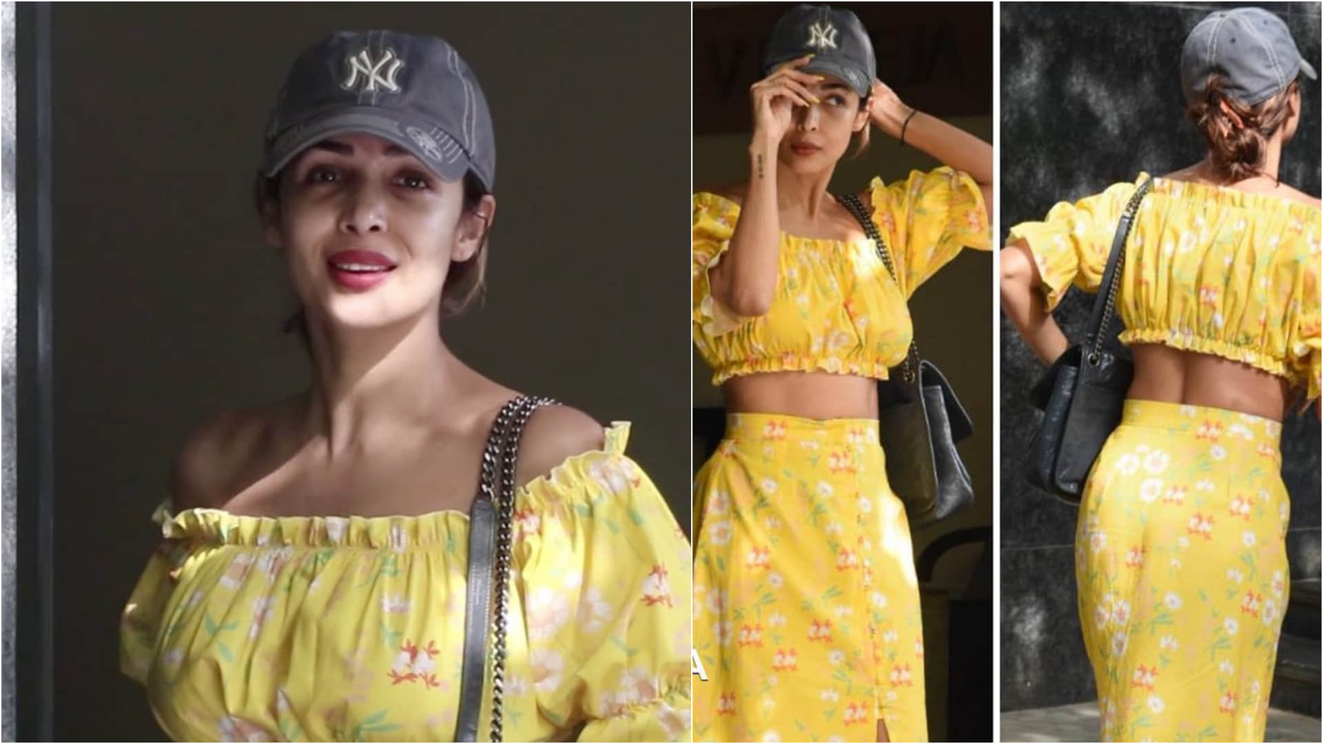 malaika arora sunshine yellow crop top with thigh high slit skirt perfect for beach vacation