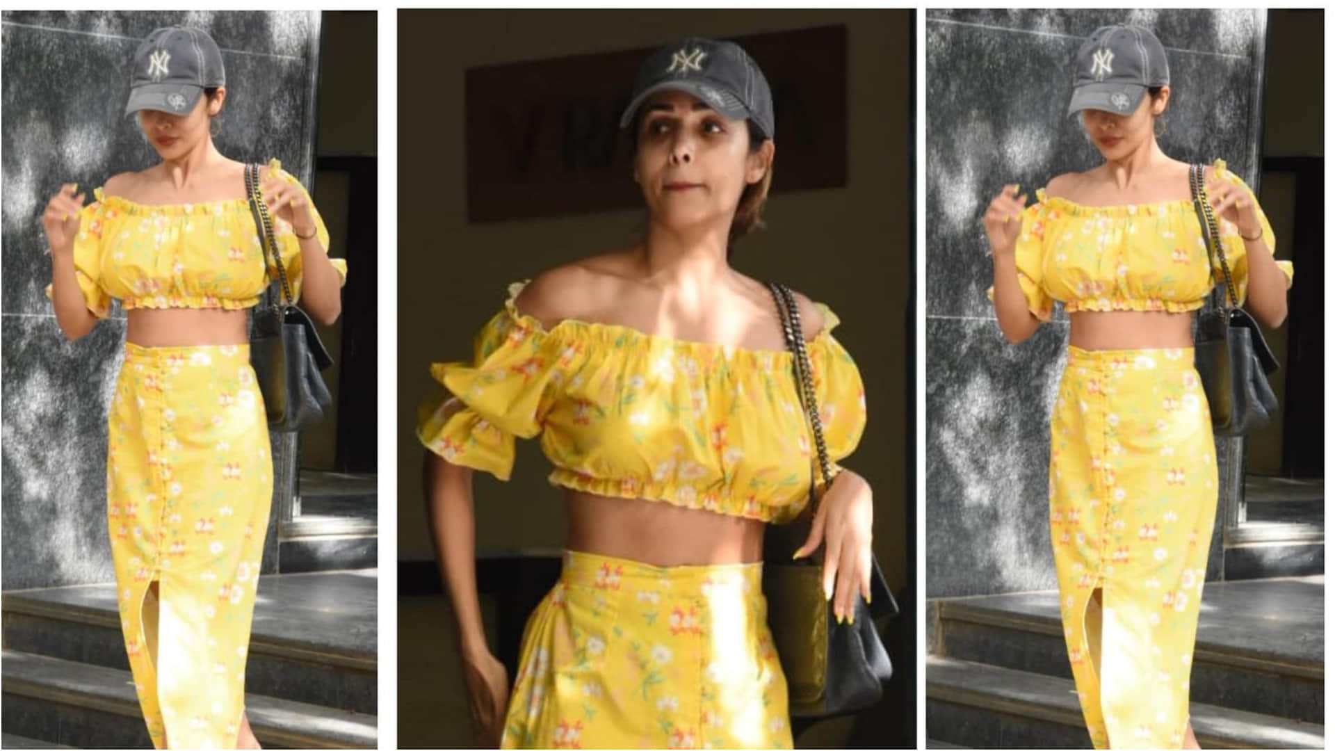 malaika arora sunshine yellow crop top with thigh high slit skirt perfect for beach vacation