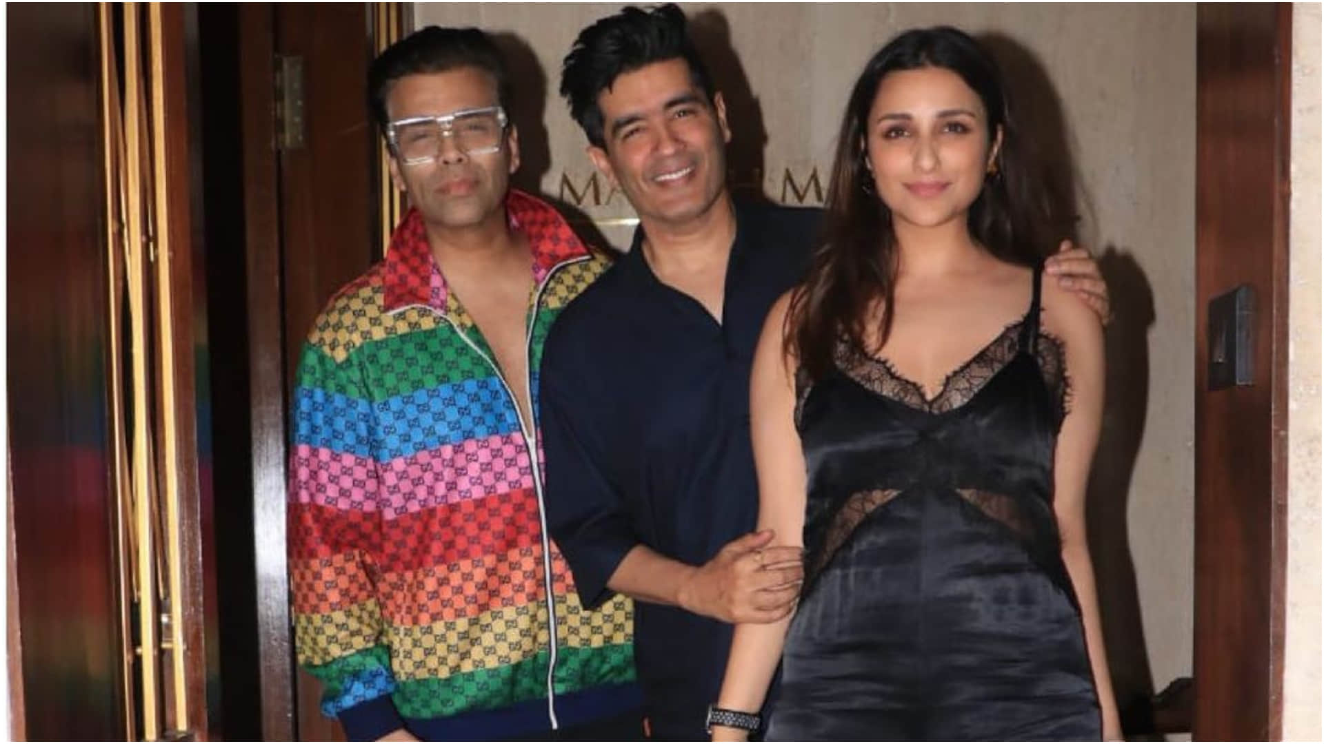 parineeti chopra black jumpsuit party with manish malhotra karan johar