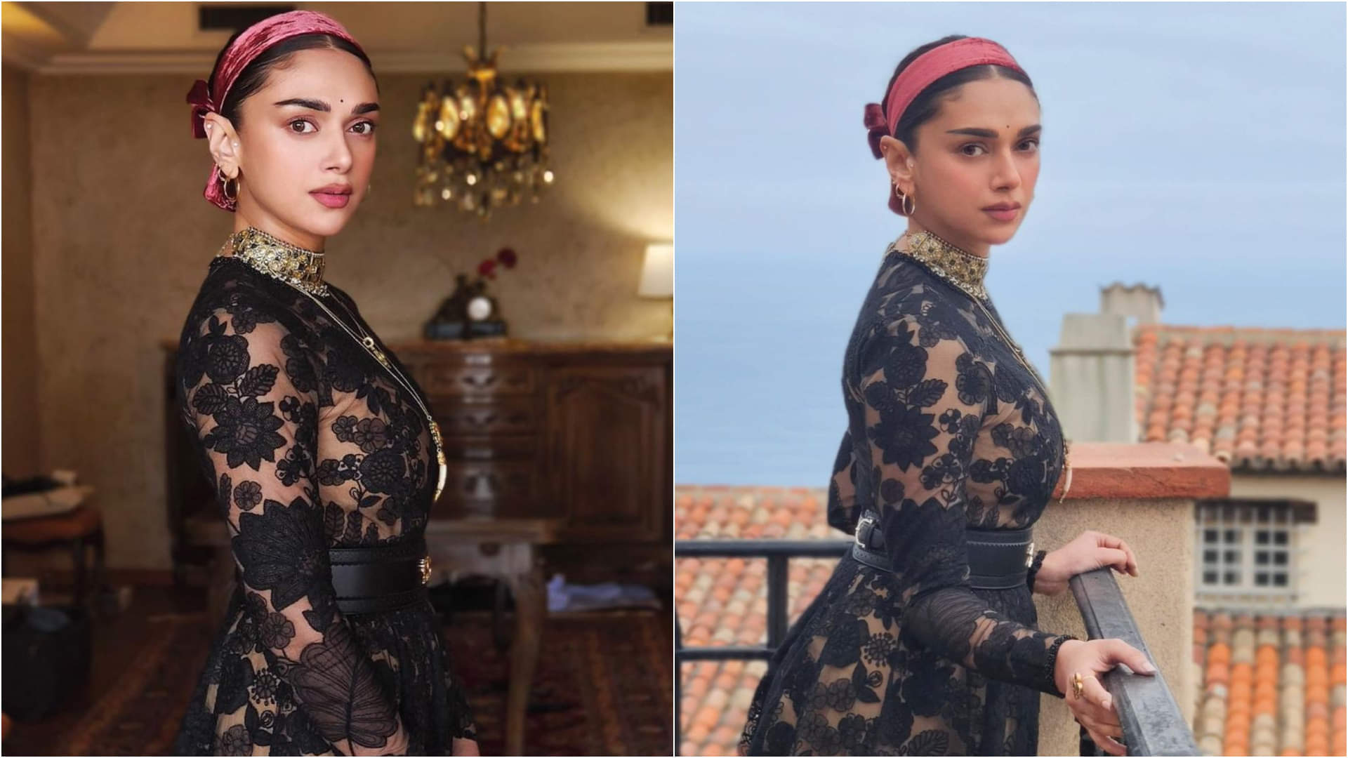 cannes film festival 2022 aditi rao hydari looks classy in sabyasachi black floor length gown