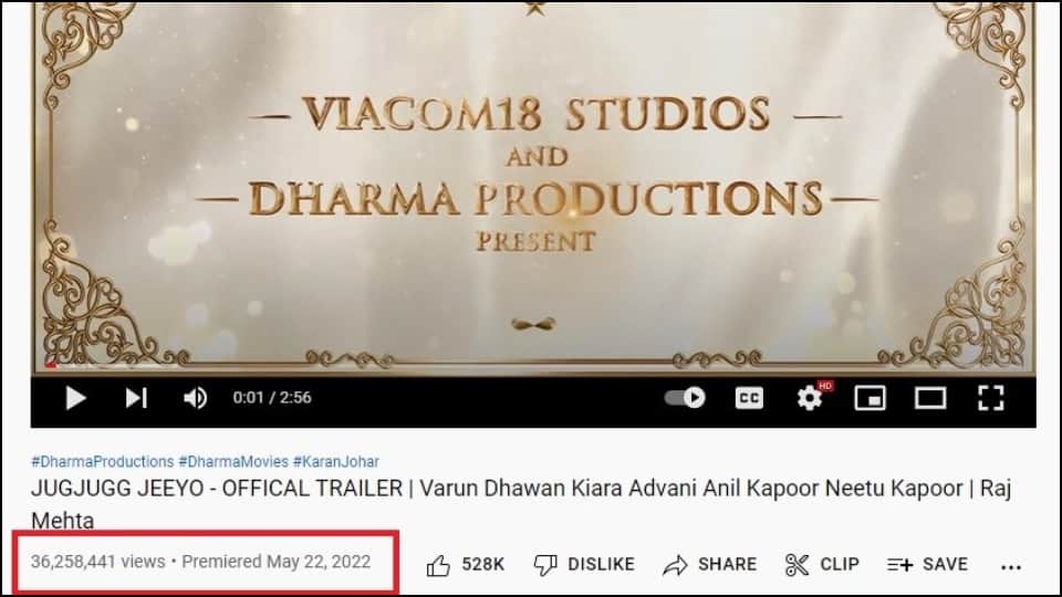 Jugjugg Jeeyo Trailer clocks 36 million views in first 24 hours on youtube falls behind heropanti 2 and laxmii