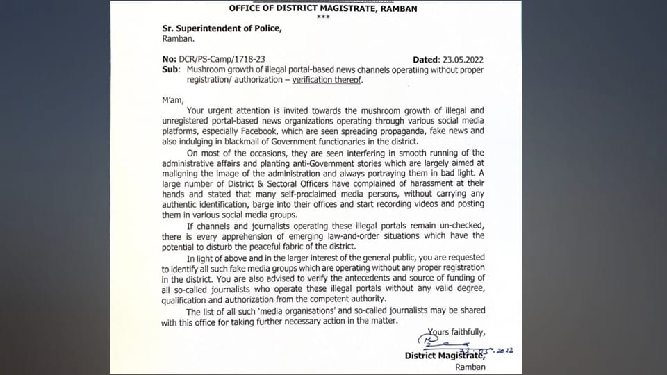 Ramban DM writes letter to SSP to take action against fake media groups in district ramban