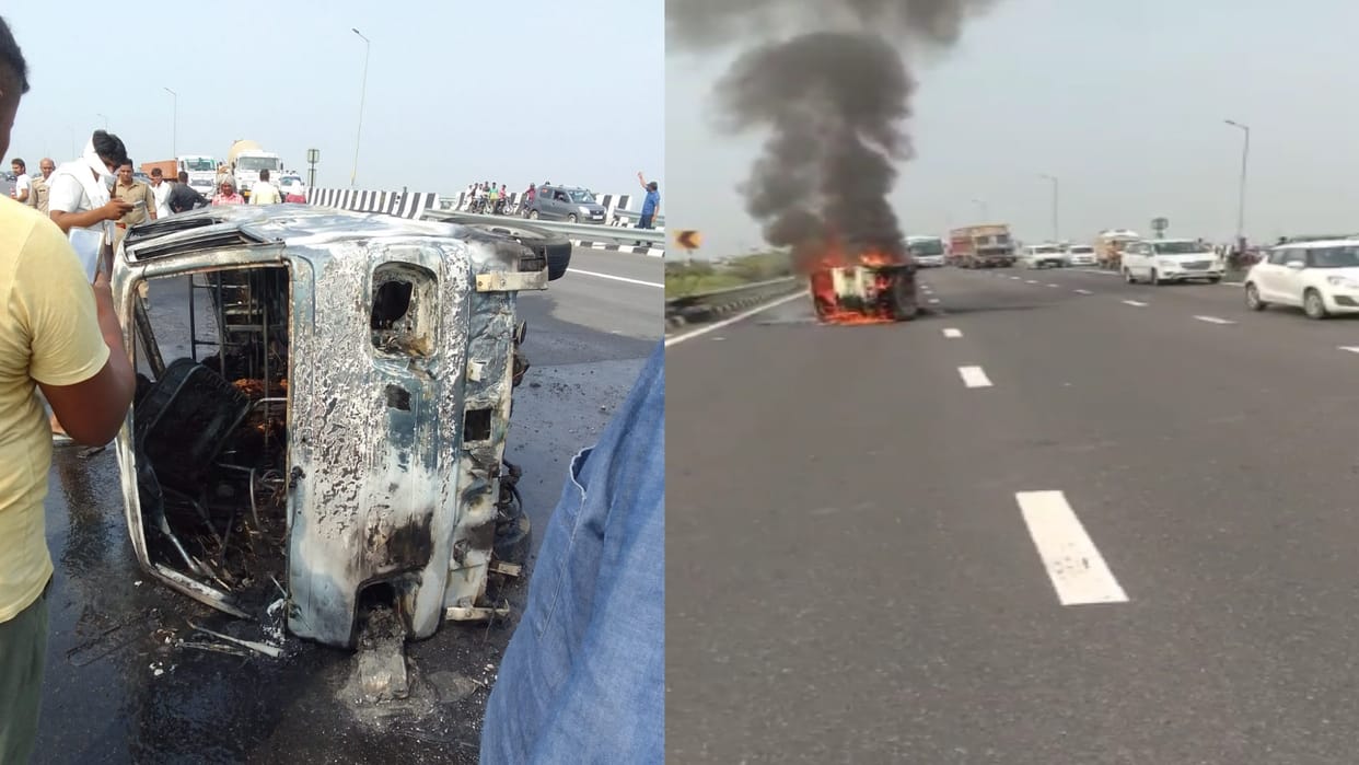 Ghaziabad car looses control on delhi meerut expressway catches fire two died of burning