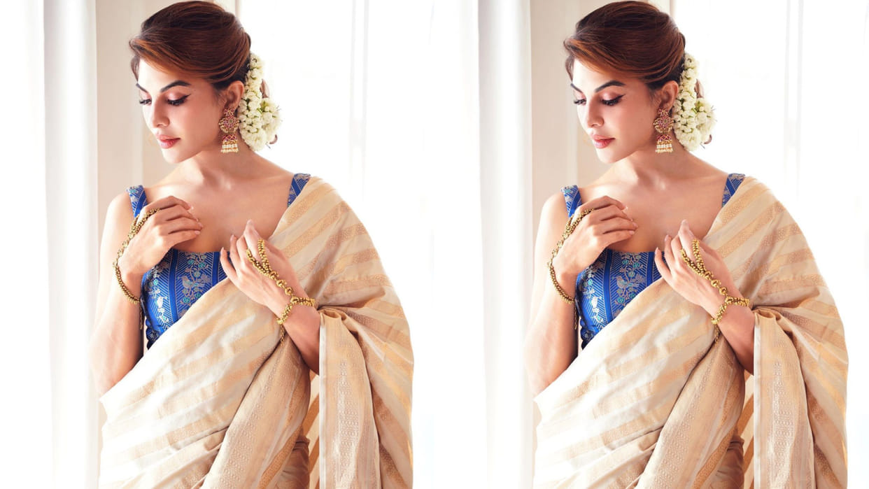 jacqueline fernandez style game in gingham print saree with boho style blouse chic look for movie launch