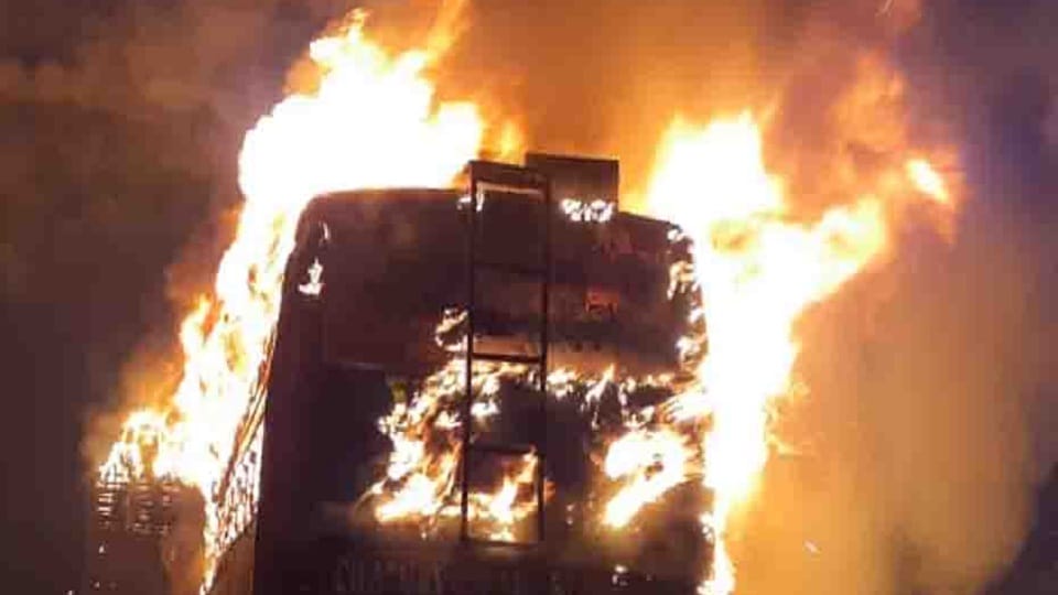 man was charred to death when a private bus caught fire in Jashpur