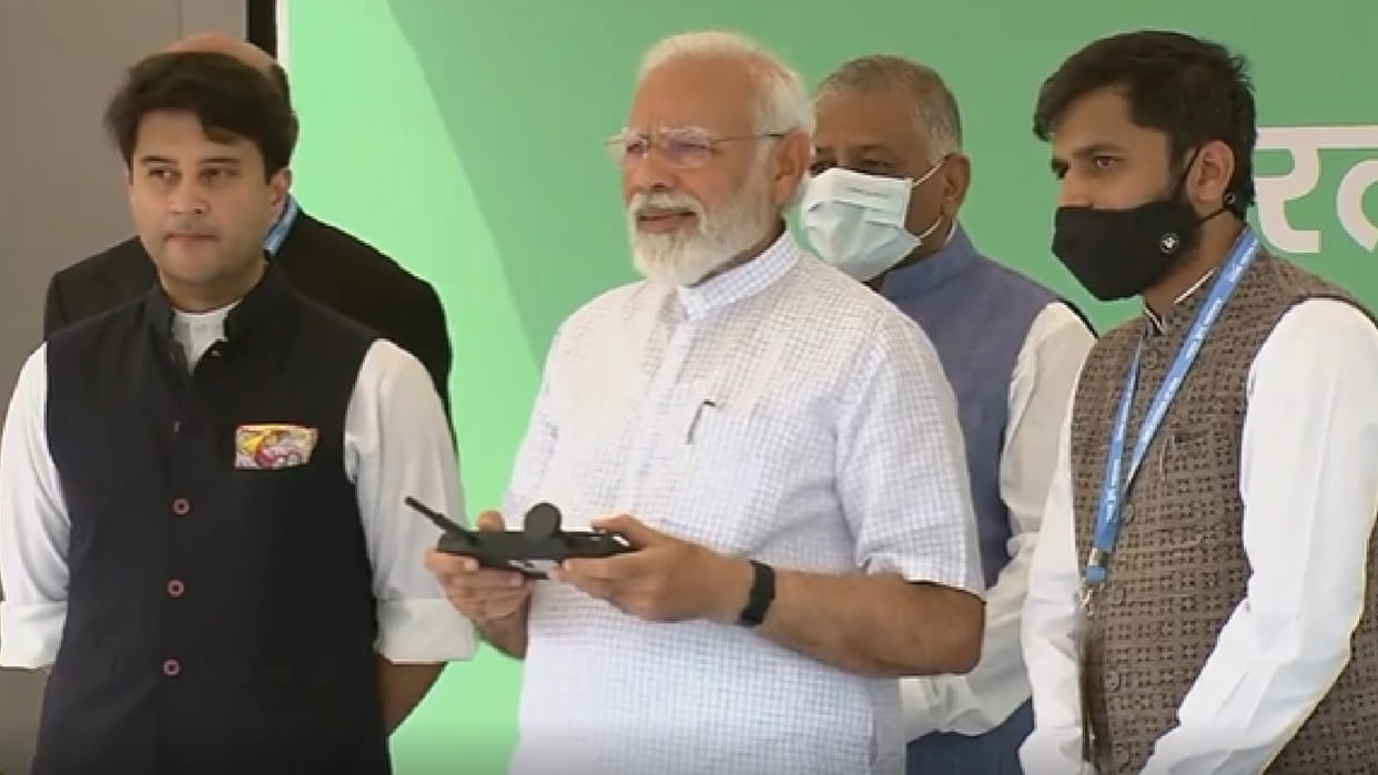Video PM Narendra Modi tried his hand at flying a drone during the inauguration of two day Bharat Drone Mahotsav 2022 at Pragati Maidan in Delhi