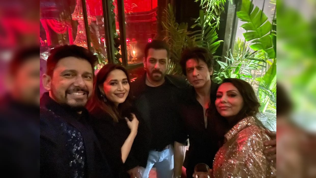 madhuri dixit shared karan johar birthday bash photo with husband  Shriram Nene sharukh khan gauri and salman khan