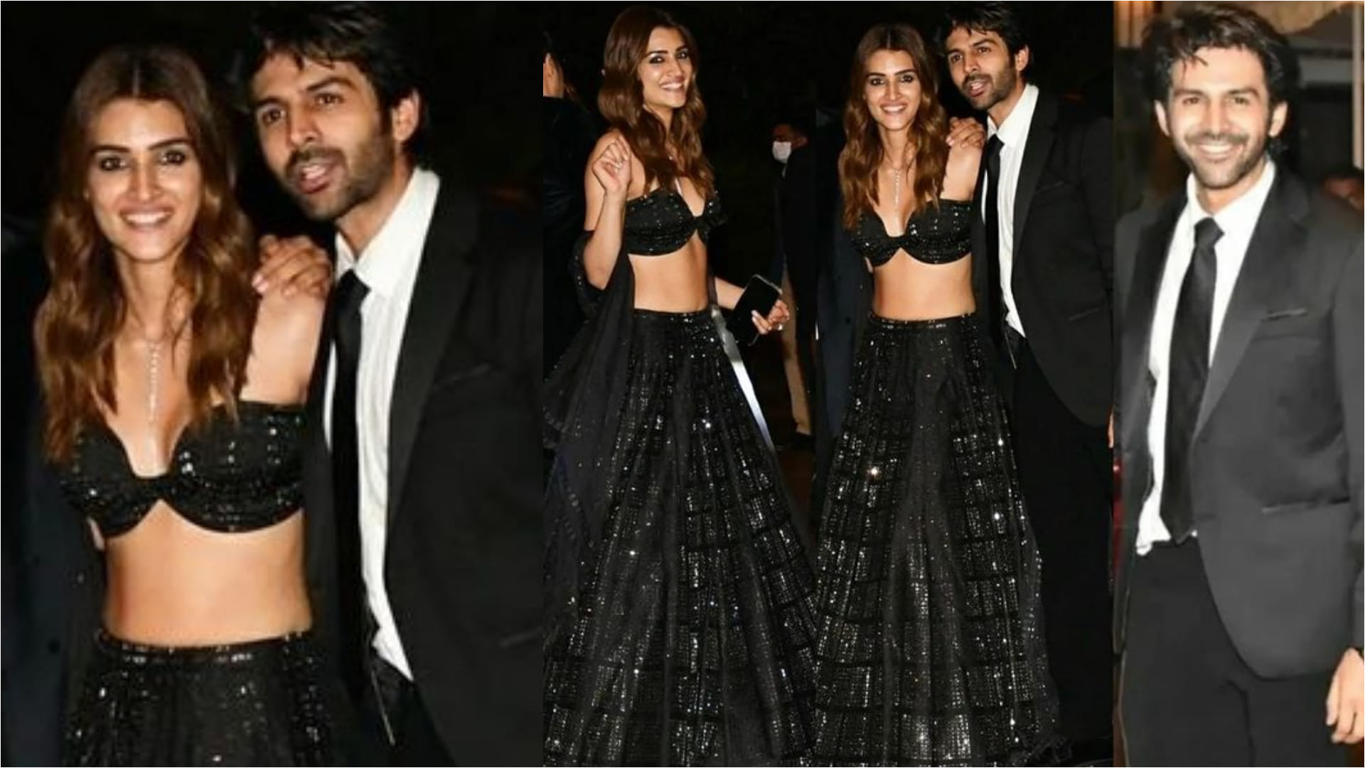 kriti sanon bold look in black strapless bralette blouse and lehenga with kartik aryan