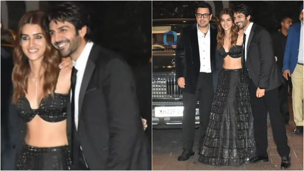 kriti sanon bold look in black strapless bralette blouse and lehenga with kartik aryan