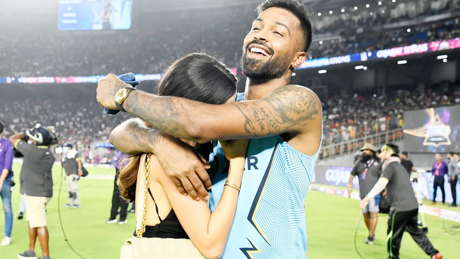 IPL 2022 Final GT vs RR Photos: Wife Natasha Stankovic hugged Hardik Pandya after Gujarat Titans become champion, got emotional too, coach Ashish Nehra  fun moment with captain