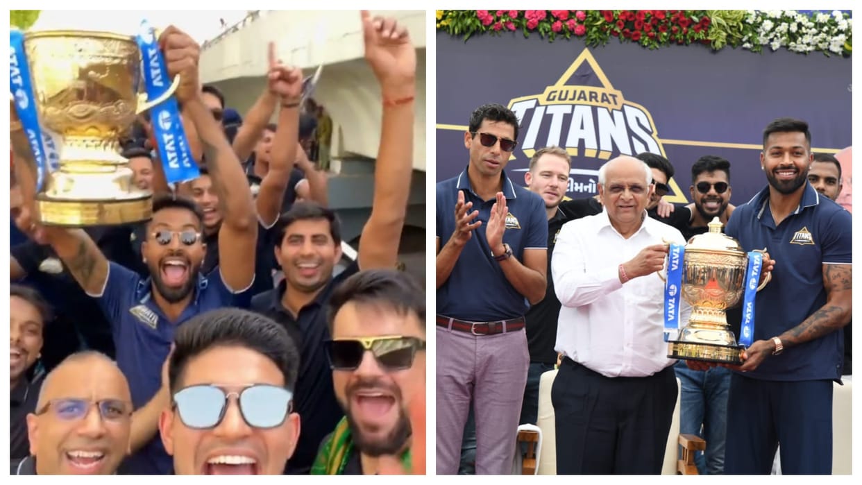 IPL 2022 Gujarat Titans Video Hardik Pandya team victory parade in open bus to celebrates ipl victory in Gandhinagar