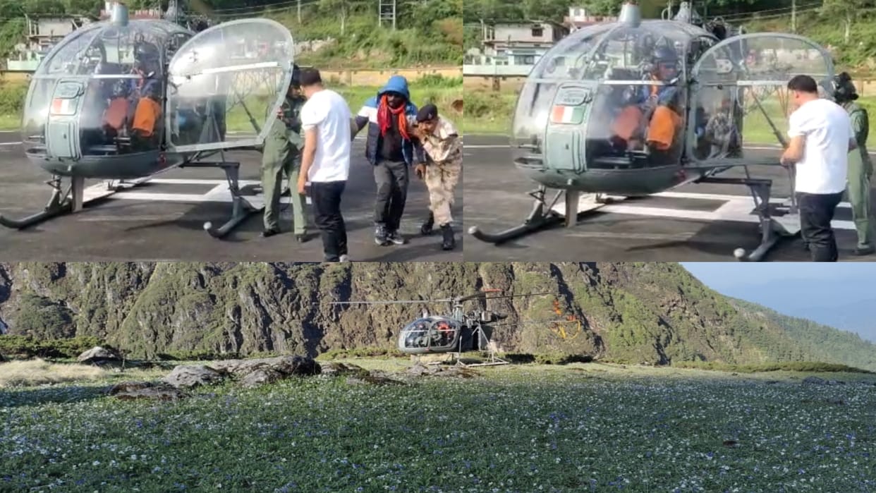Rescue of trekker trapped in Pandavasera by army helicopter, taken to hospital for treatment