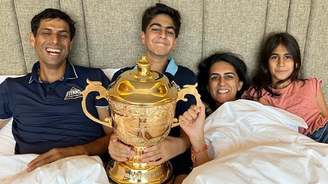 Ashish Nehra Family poses with trophy after gujarat wins IPL 2022 wife shares photos