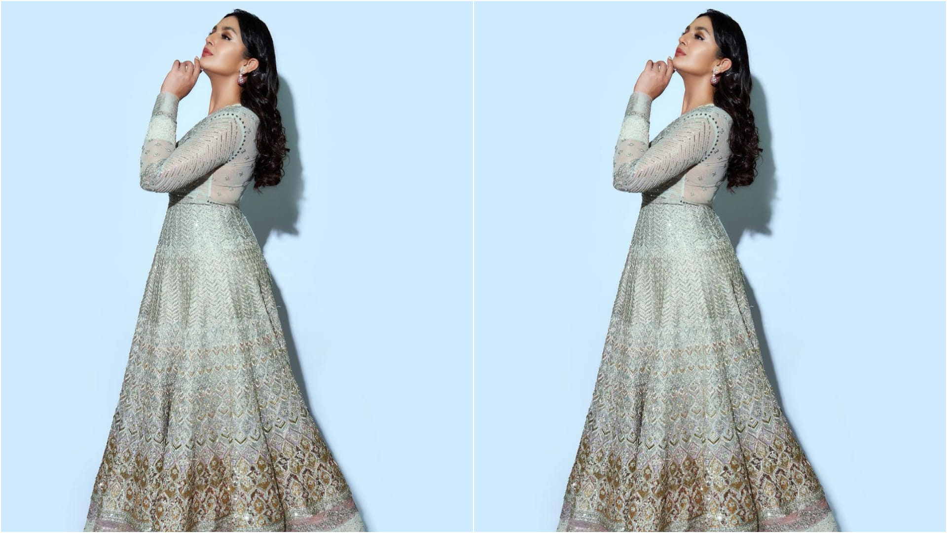 huma qureshi semi traditional look in anarkali gown perfect for bridesmaid