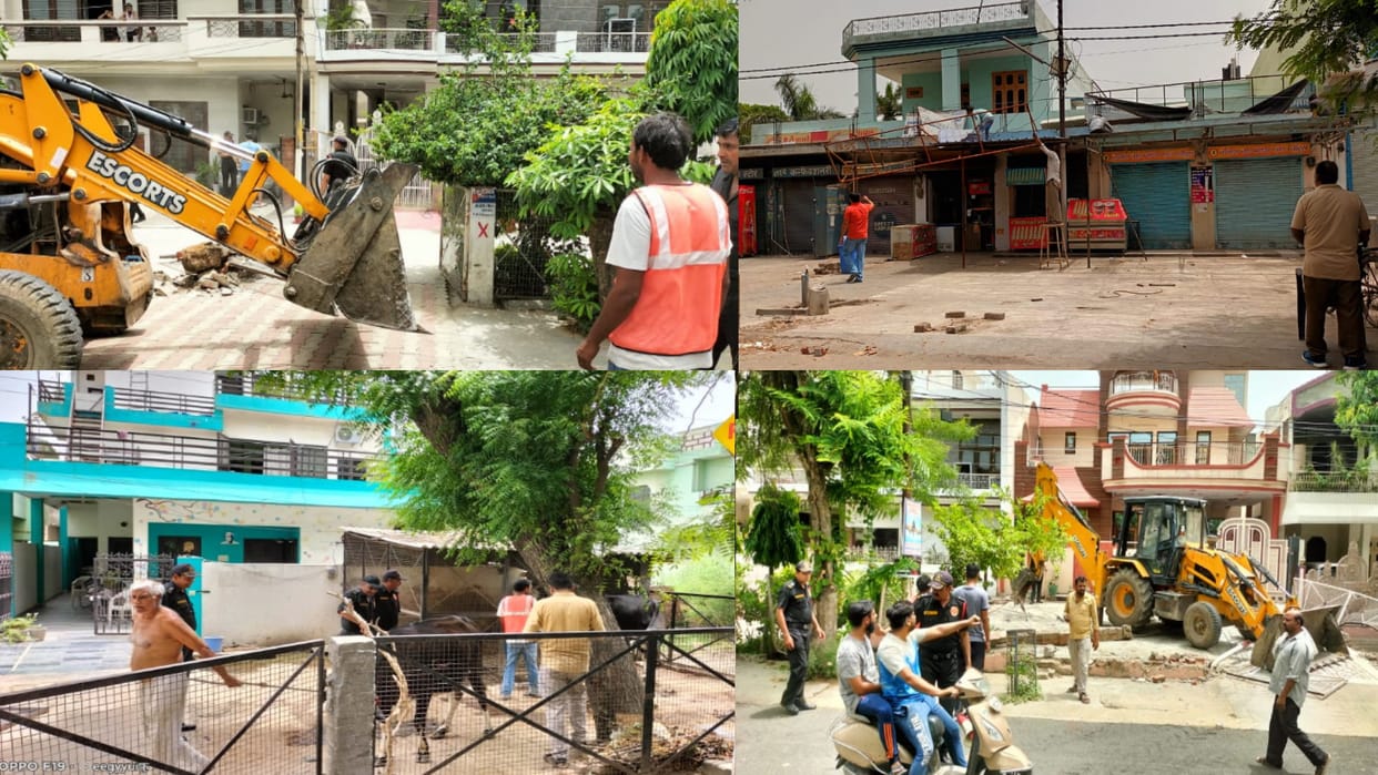 PHOTOS: encroachment removed by Bulldozer from Pallavapuram Meerut amid protests by traders