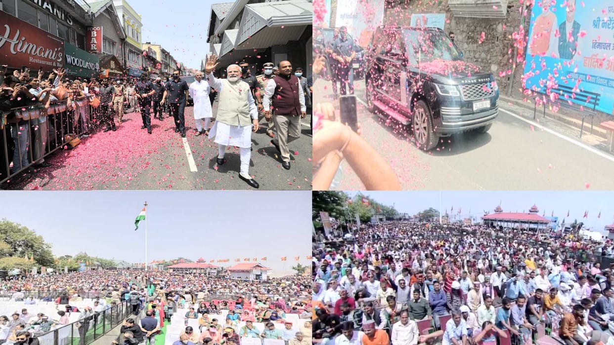 PM Modi In Shimla: On reaching Shimla Modi was welcomed with flowers rain, crowd gathered on the ridge, see the colors of the rally in pictures