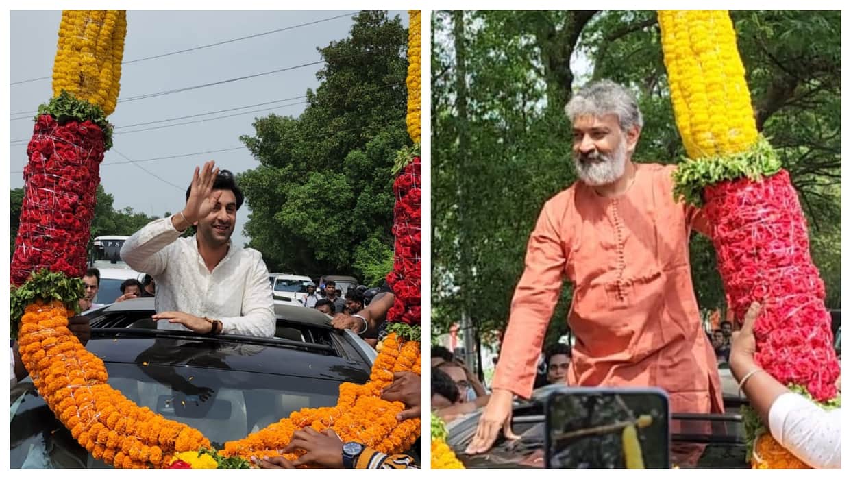 Brahmastra Ranbir Kapoor Ayan Mukerji and SS Rajamouli received grand welcome at Visakhapatnam