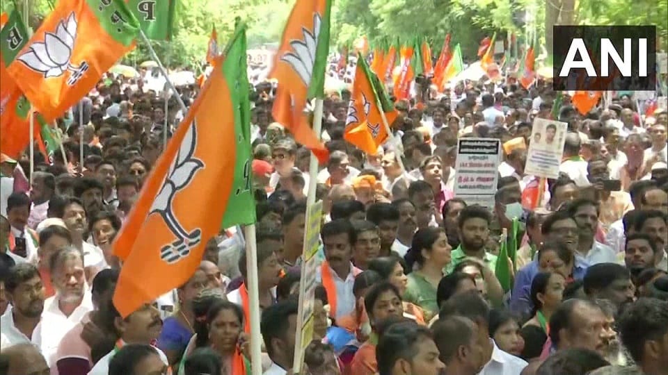 Tamil Nadu BJP workers along with state party president K Annamalai march against state govt for not reducing the tax on petrol and diesel