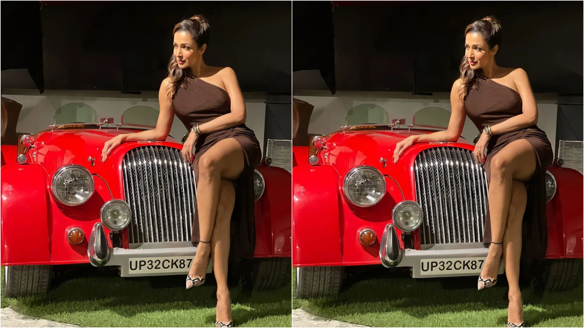 malaika arora raises temperature in brown thigh high slit one shoulder dress and printed co ord skirt set