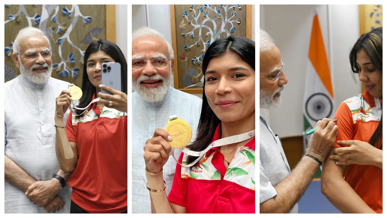 PM narendra modi meets nikhat zareen manisha moun parveen hooda who won medals in world boxing championships