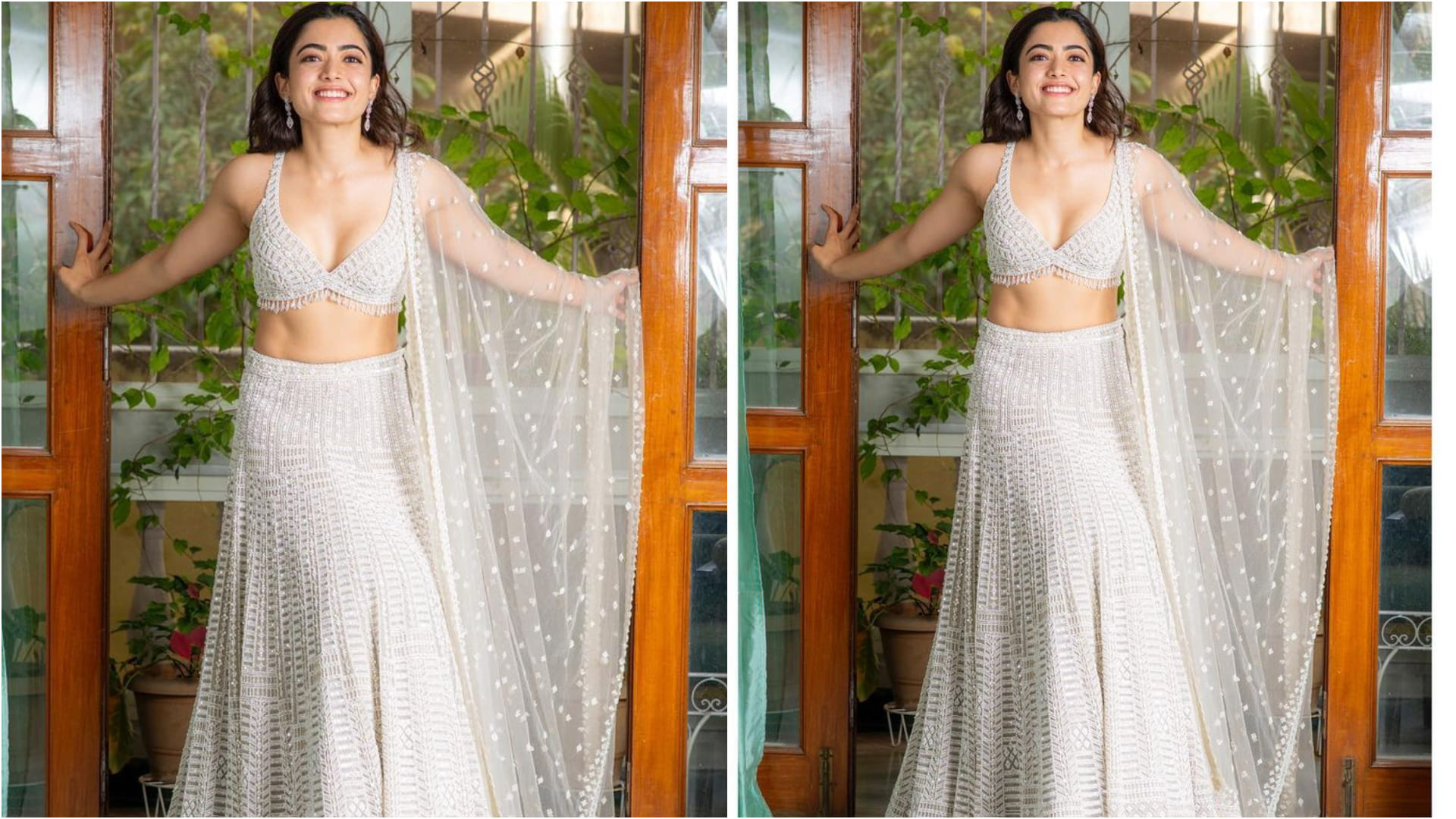 rashmika mandanna show cute smile in silver bralette blouse and lehenga