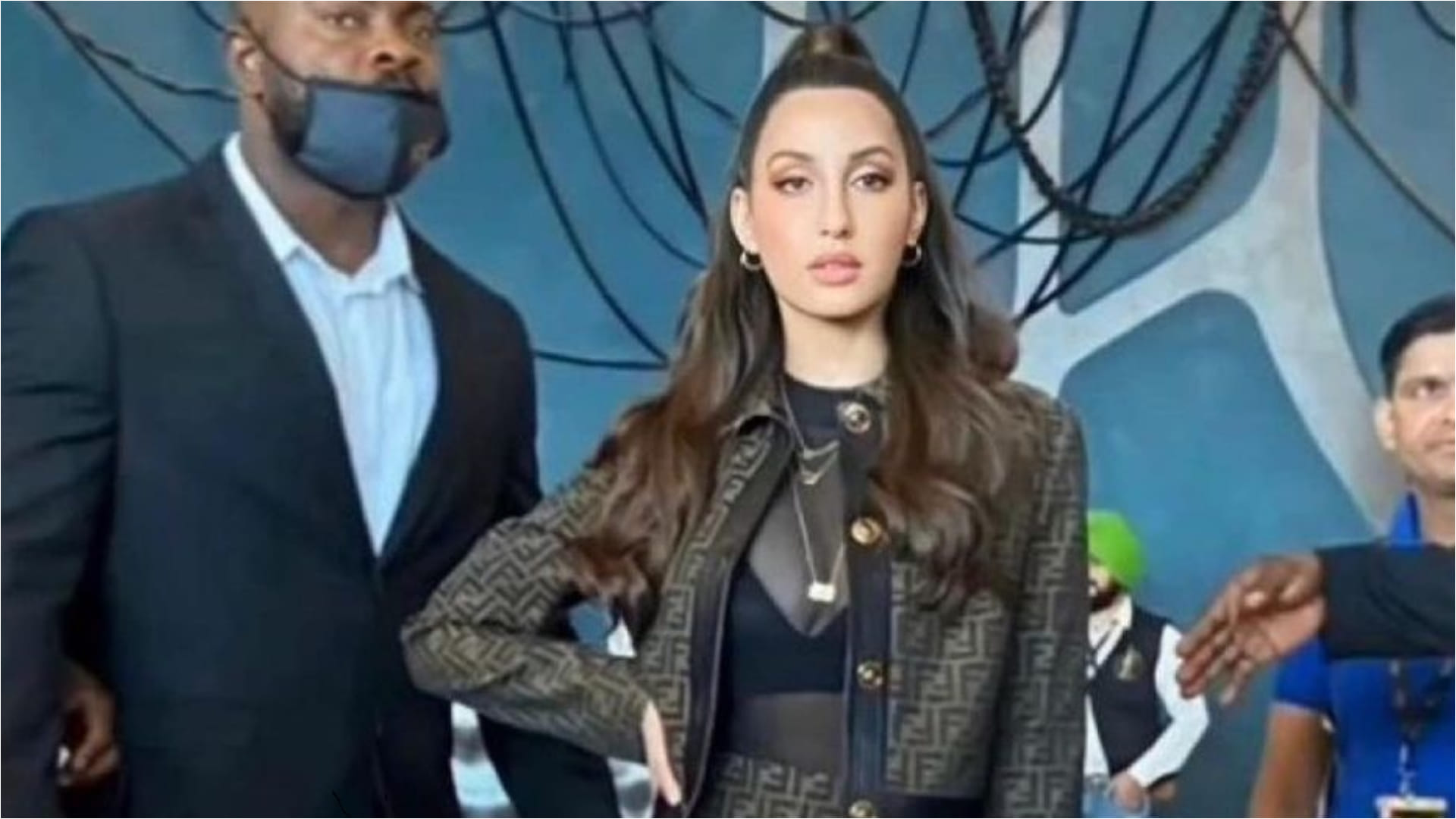 nora fatehi see through black top and mini skirt for iifa 2022 press conference with salman khan
