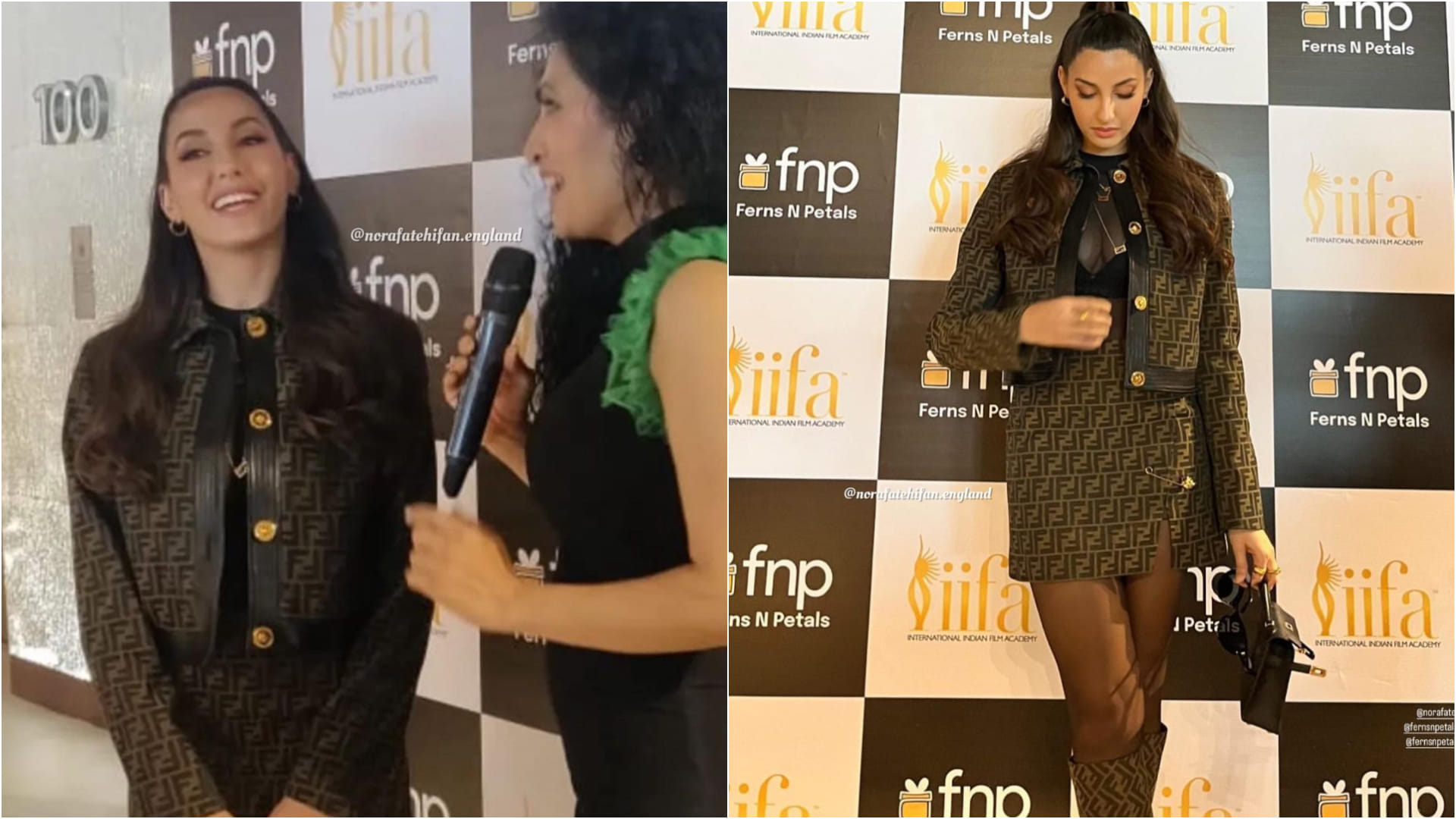 nora fatehi see through black top and mini skirt for iifa 2022 press conference with salman khan