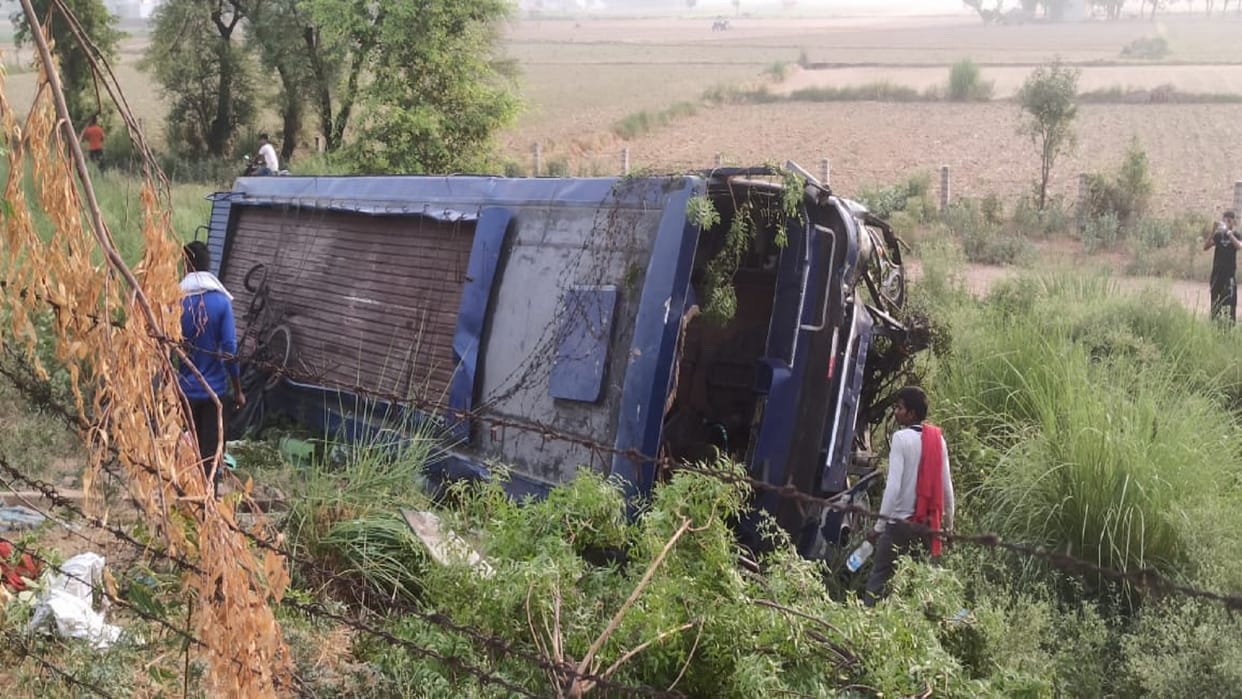 Road Accident Uncontrollable bus fell off the highway on Yamuna Expressway