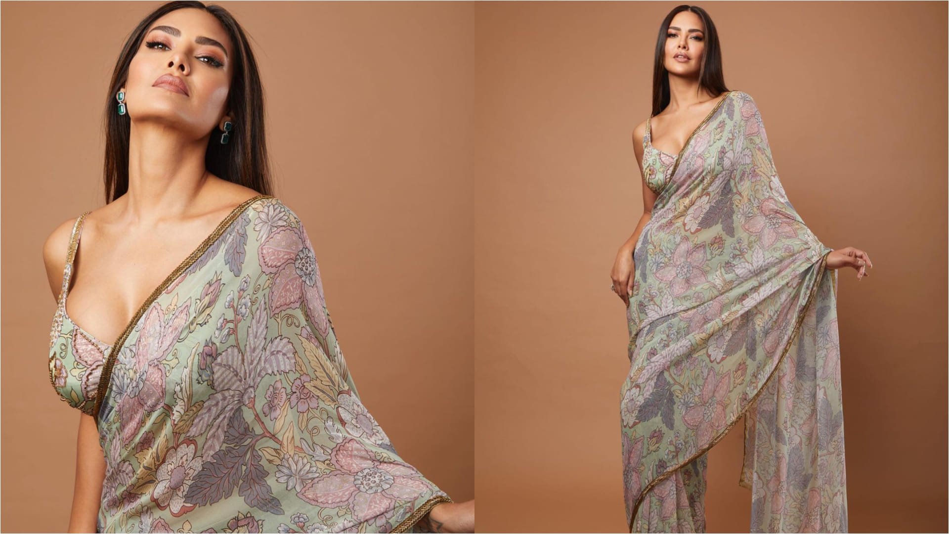 esha gupta oozes oomph in printed grey saree with bikini blouse for ashram 3 web series