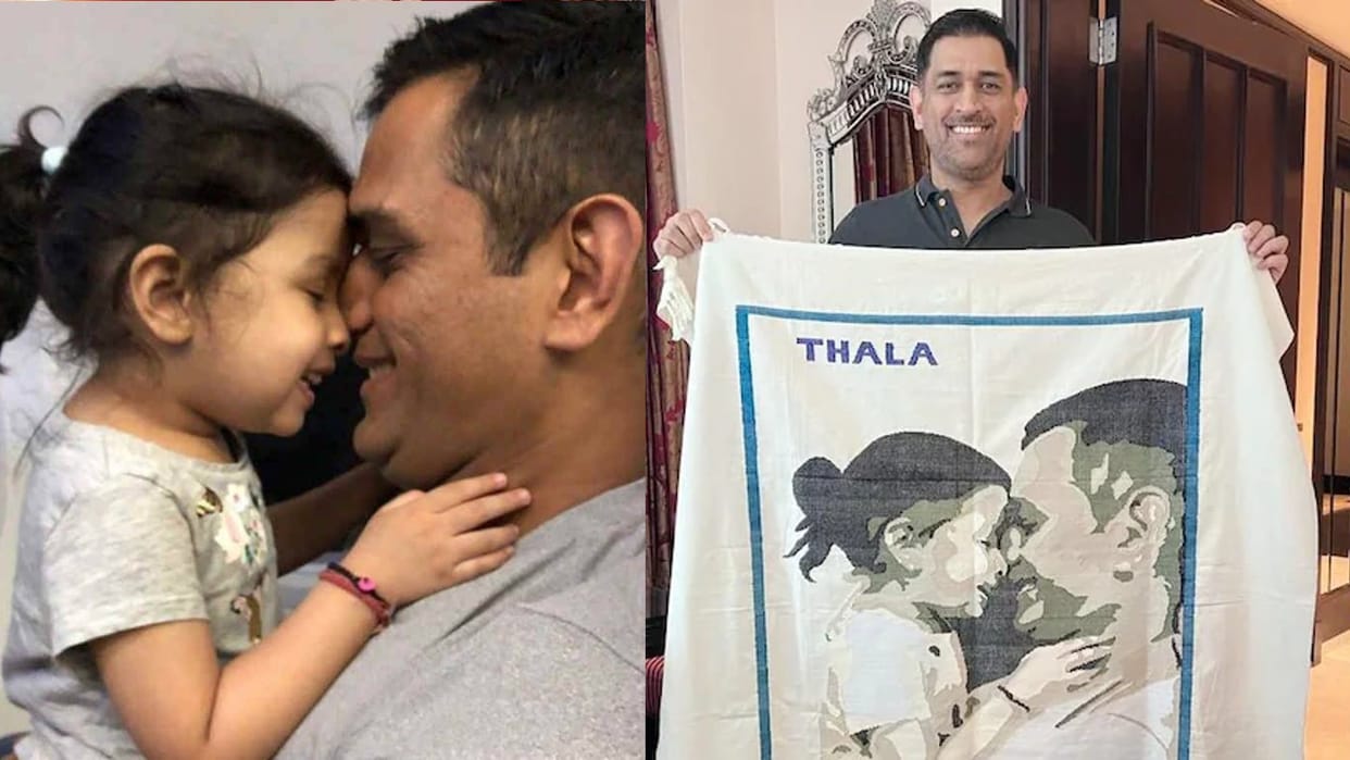MS Dhoni and Jiva Dhoni photo in cloth craft indian cricketer buys it from stall