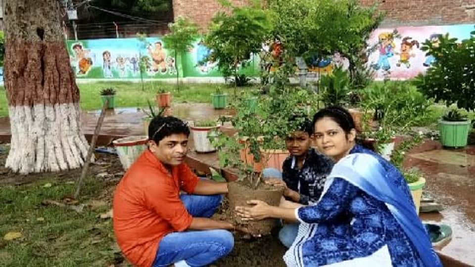 World environment day vacant land of the primary school into a garden by headmaster of the primary school Kithout Firozabad