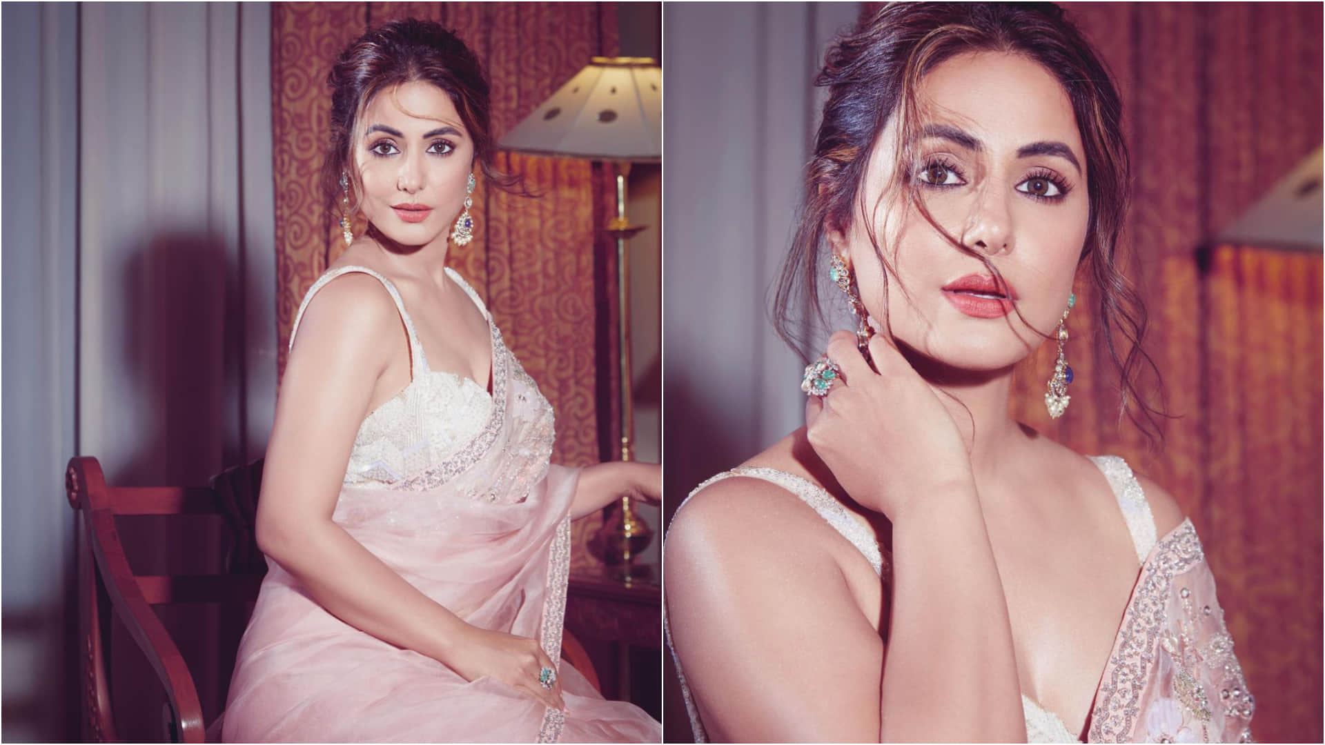 hina khan latest pic in sheer pink saree looks timeless beauty