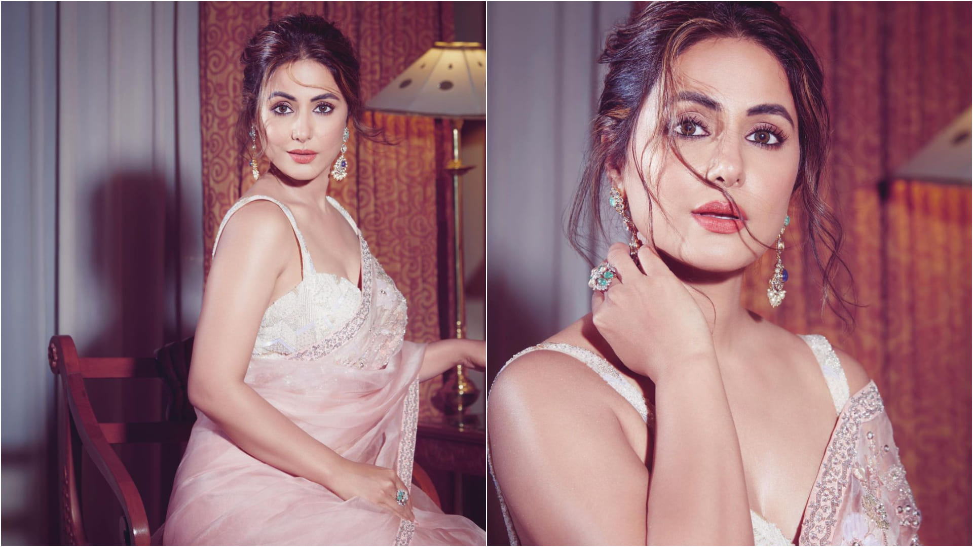 hina khan latest pic in sheer pink saree looks timeless beauty