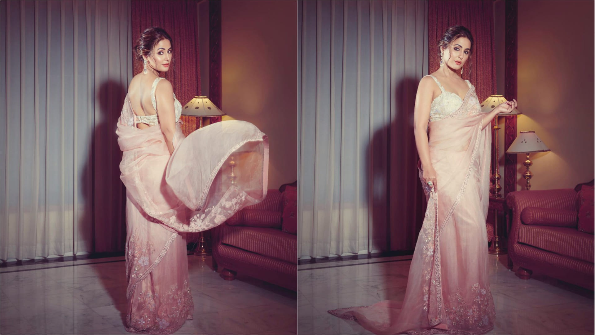 hina khan latest pic in sheer pink saree looks timeless beauty