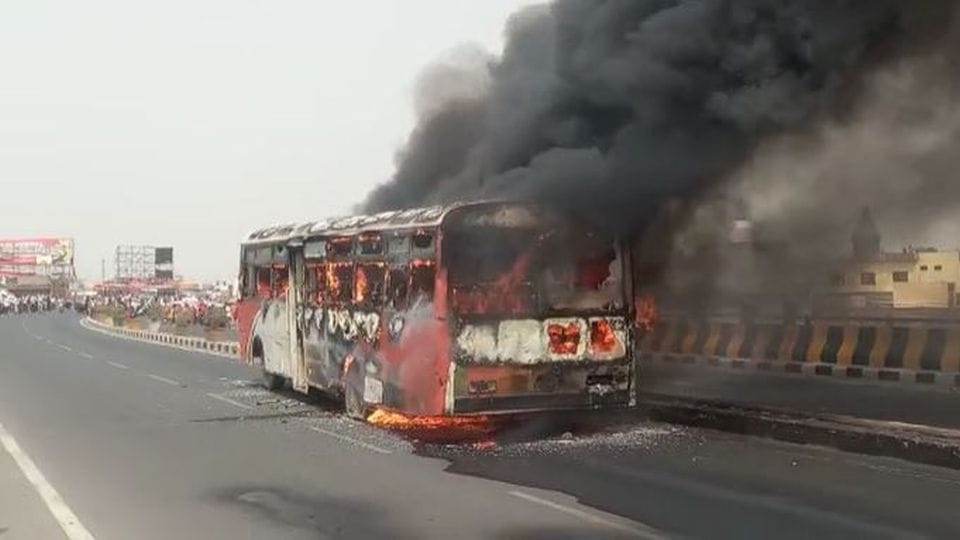 roadways bus caught fire on highway in firozabad