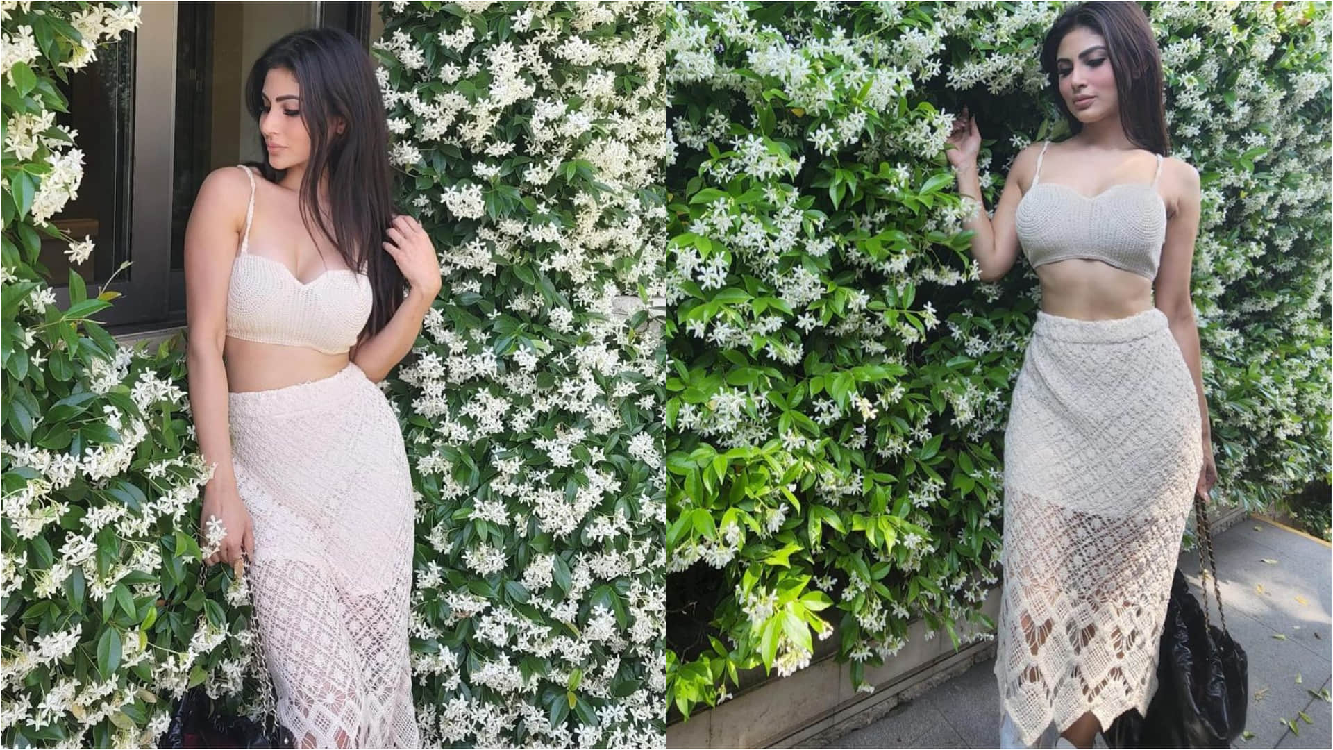 mouni roy glam look in sheer lace skirt with bralette