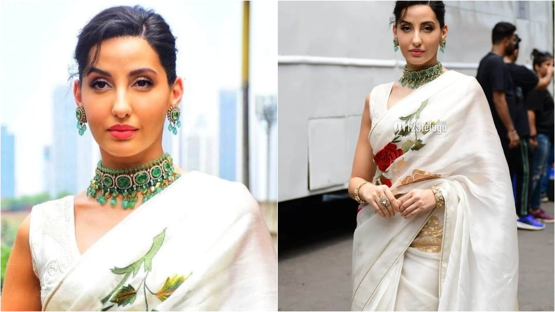 nora fatehi look stunning in ivory manish malhotra sheer fabric saree